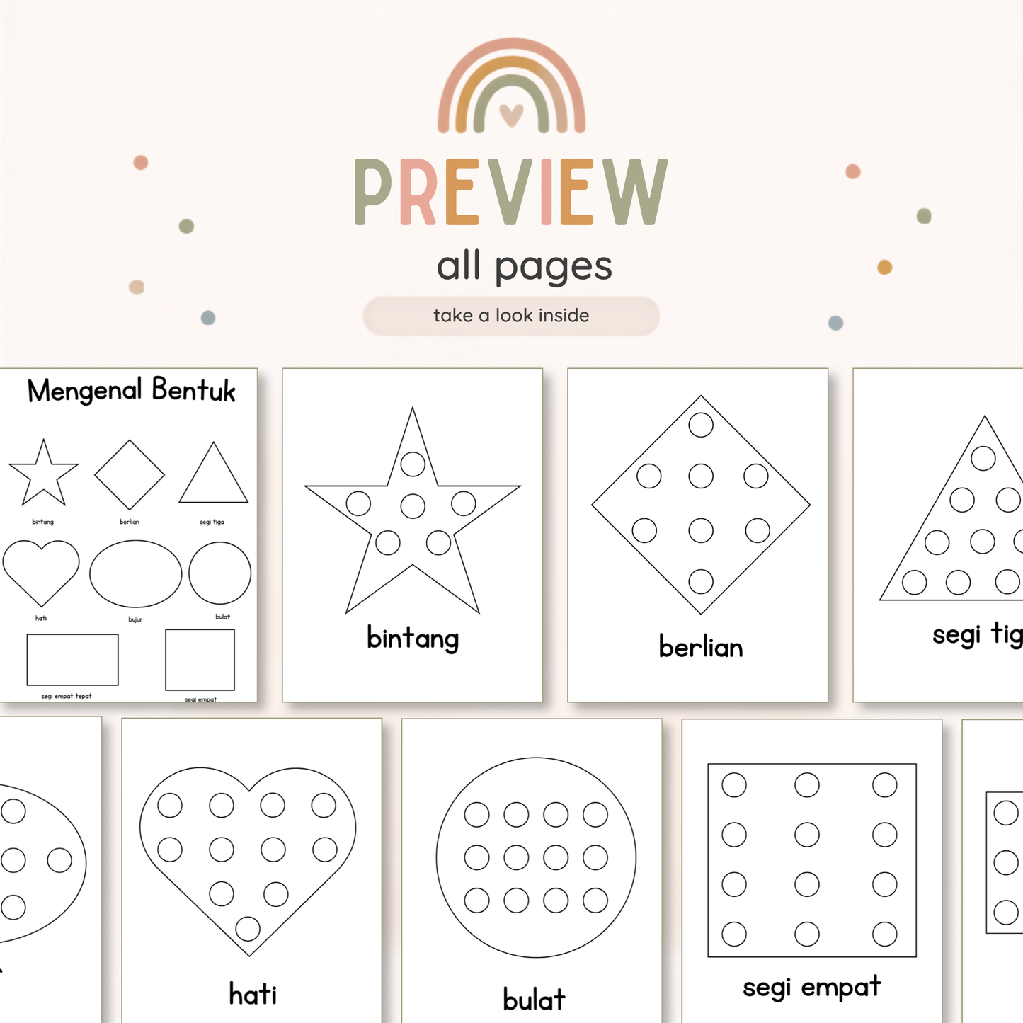 Mengenal Bentuk: Lembaran Kerja (Activity Sheeyt) Dot Marker Dot Sticker Bahasa Melayu untuk Kanak-Kanak (2-4 Tahun)