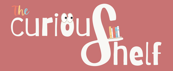 The Curious Shelf logo on a dusty rose background, featuring white stylized text with cartoon eyes on the 'i' and small colorful books on the 'f'.